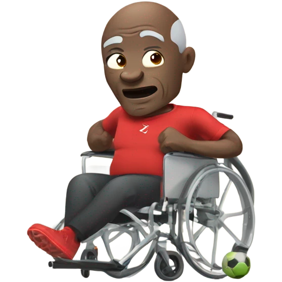 old black bald man with a protruding round pot belly in wheelchair. angry face. grey stubble. he is pointing finger in front. Arsenal soccer shirt. mouth word bubble emoji
