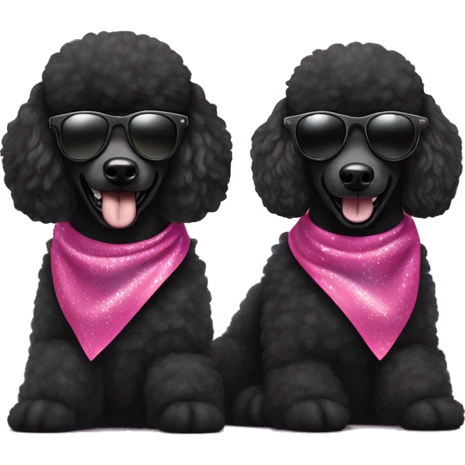 Two BLACK poodles wearing sparkling sunglasses with a big smile. Also with a bandanna around its neck. Both Dogs needs to be all black emoji
