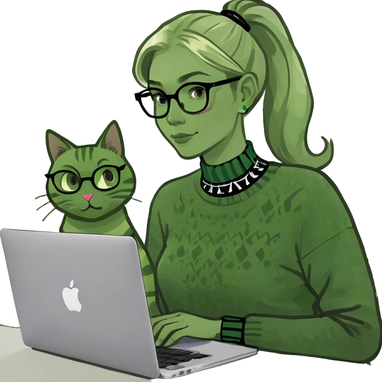 Blonde woman ponytail green eyes with cat and MacBook emoji