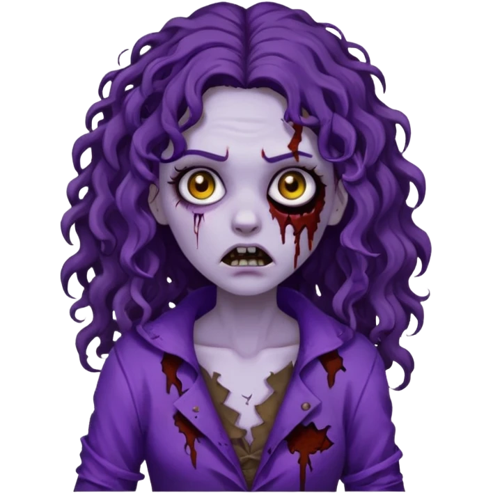 Zombie woman with curly, dark brown long hair (not thick or voluminous) wearing a ruined purple outfit.  emoji