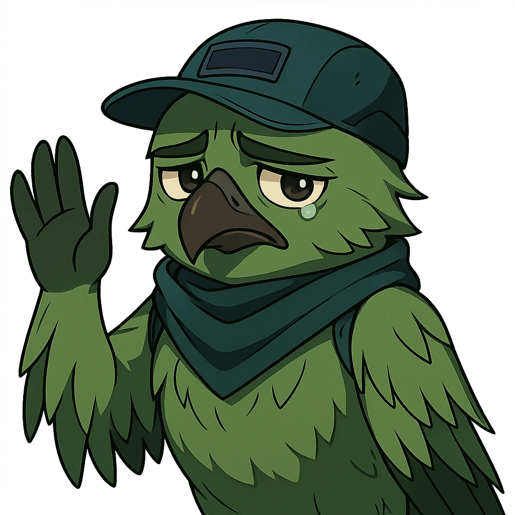 anime style green bird inspired by Valorant agent Falko, waving and looking sad emoji