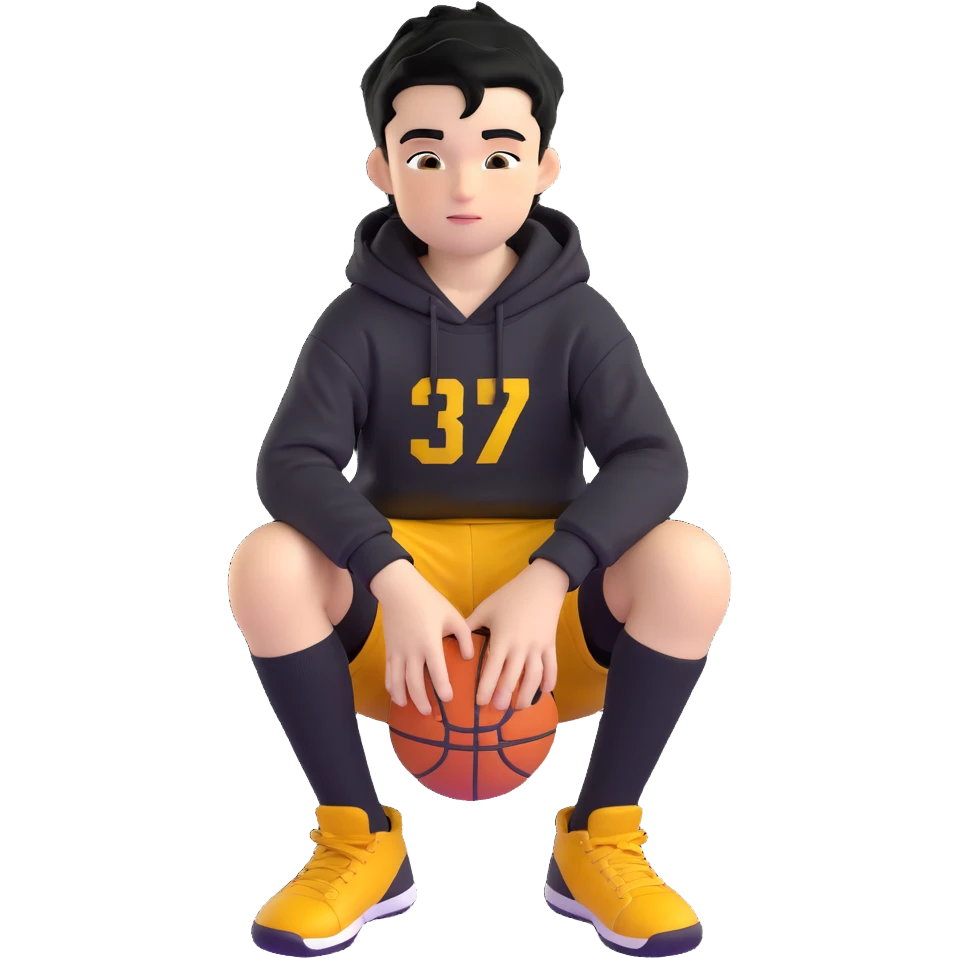 boy kid sitting with knees up, black hoodie with hood off, smirking, black crew socks, messy black hair, black basketball shorts, yellow skin emoji
