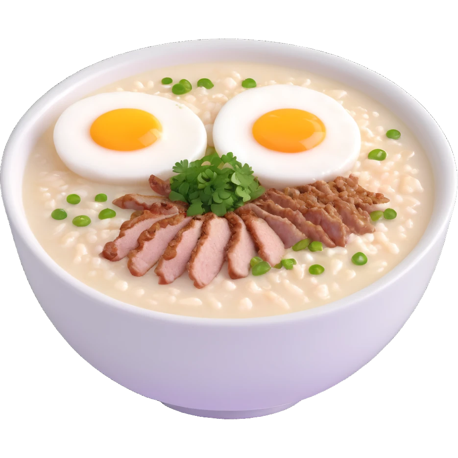 bowl of Asian rice porridge (congee) with steam, simple round bowl, topped with halved soft-boiled egg, minced pork, chopped green onions, cilantro, crispy fried garlic, smooth colorful clean minimal cute emoji