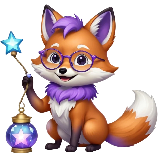 A small magical fox with shimmering purple and blue fur, a glowing fluffy tail, a silver star on its forehead, and round glasses, holding a tiny magical lantern, rolling on the floor and laughing uncontrollably. 🦊🤣 emoji