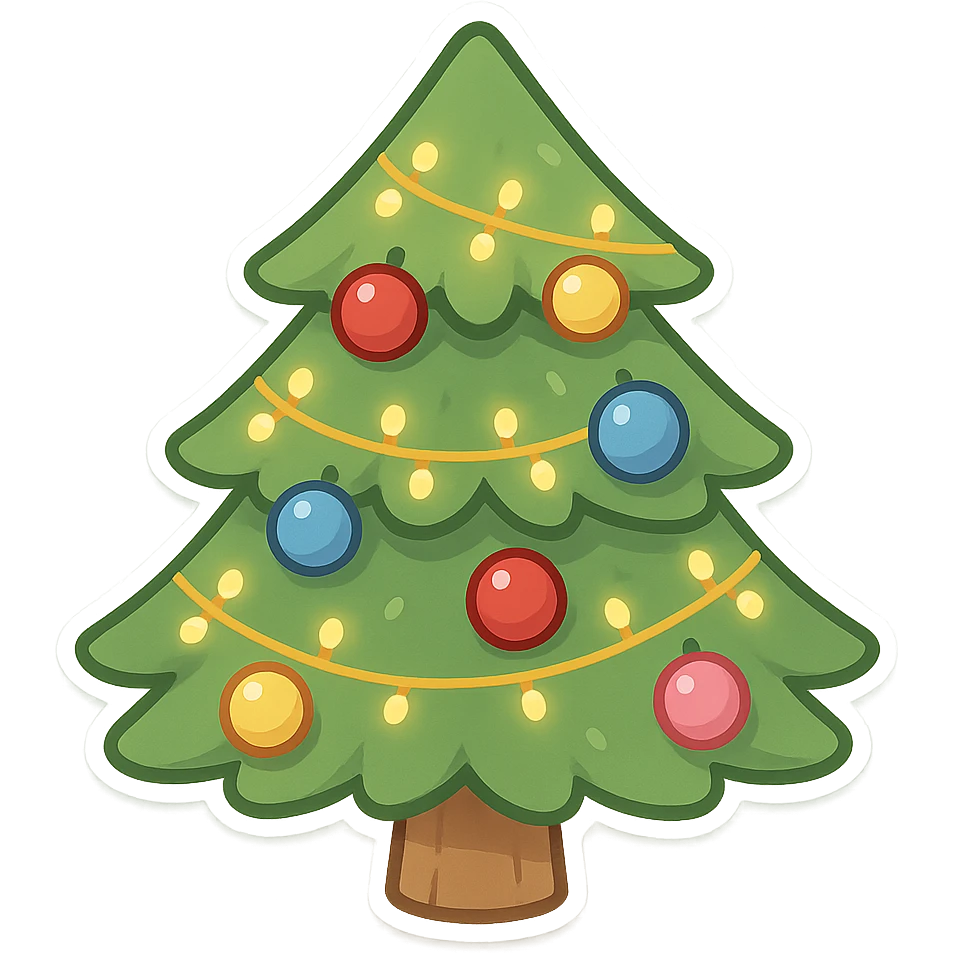 一棵圣诞树，上面挂满了彩球，围绕着一层层的串灯 emoji
