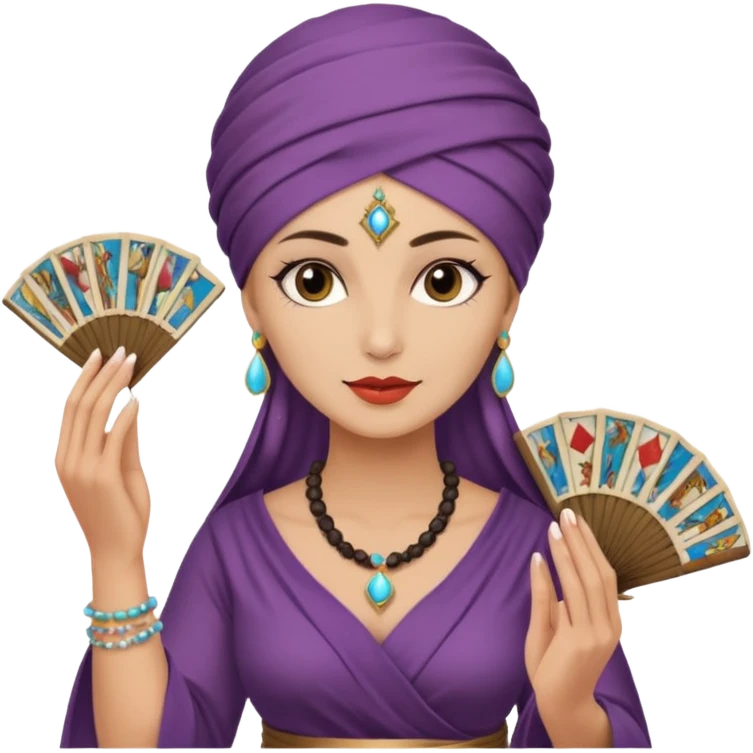 mystical fortune-teller woman with a turban holding a fan of tarot cards emoji