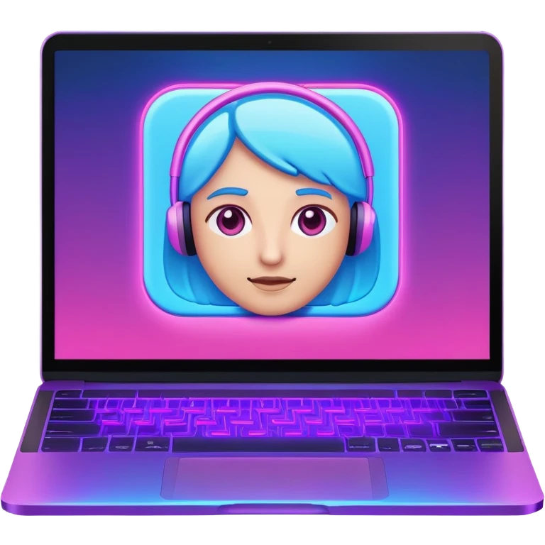 laptop computer with video call showing a person on screen, pink and light blue interface, with neon glow lines, blue neon light on top left, purple neon light on bottom right emoji
