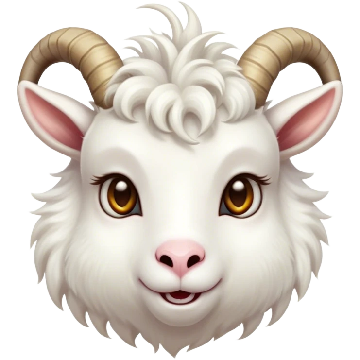 Cinematic Cute White Goat Portrait Emoji, Head tilted playfully and inquisitively, featuring a fluffy, immaculate white fur with charming curved horns, round, sparkling eyes filled with gentle curiosity, Simplified yet irresistibly adorable features, highly detailed, glowing with a warm, friendly glow, high shine, affectionate and lively, stylized with a touch of whimsical charm, bright and endearing, soft glowing outline, capturing the essence of a mischievous yet loving goat, so playful it feels like it could trot out of the screen and into your arms! emoji