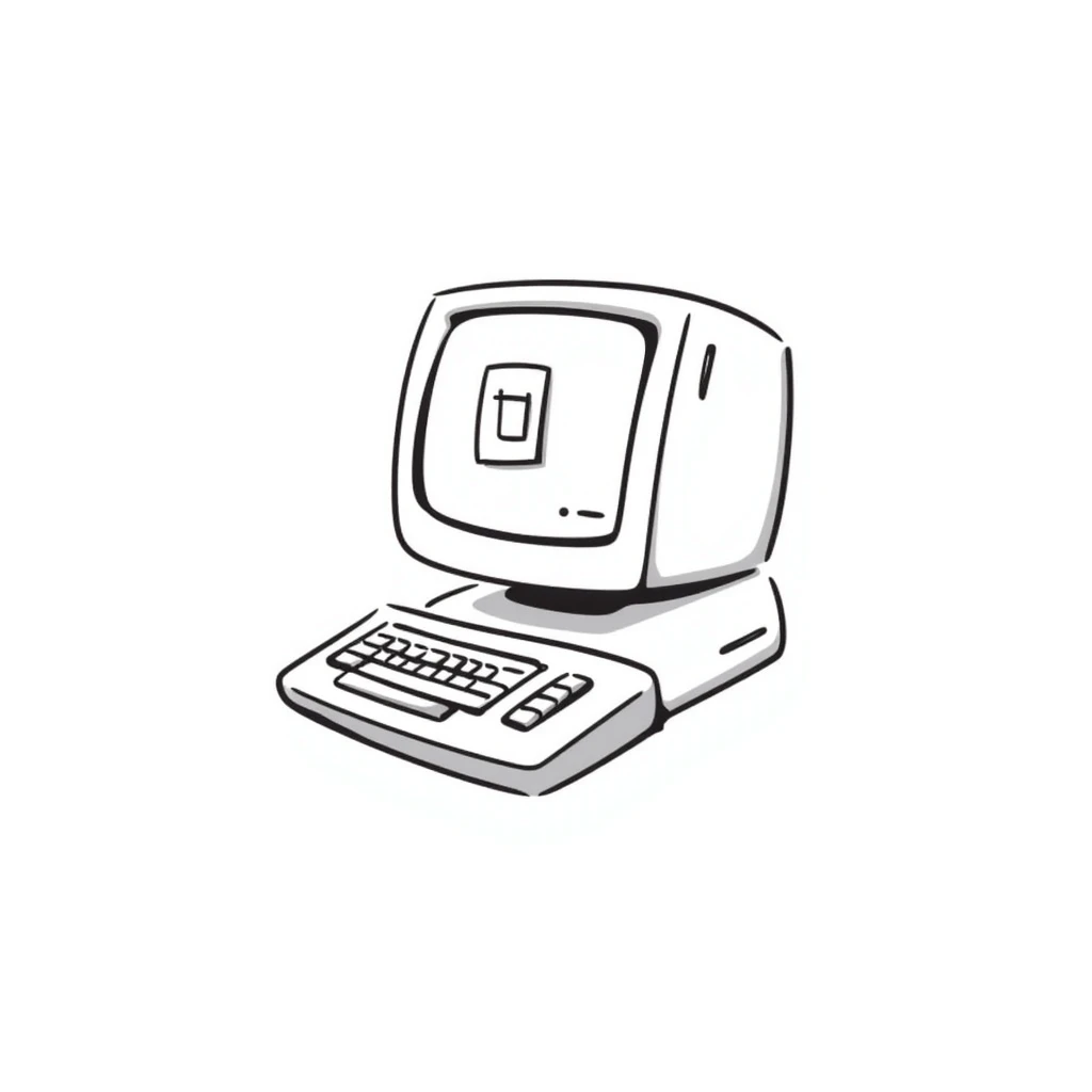 Pixel art style old Macintosh computer, simple monochrome linework emoji