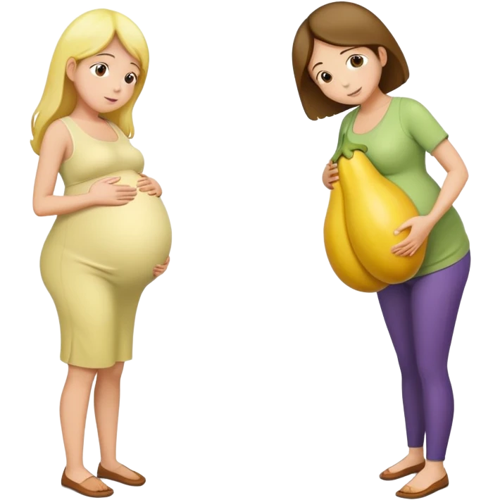 yellow eggplant on top of a pregnant person, with a bowing person turned to the side emoji