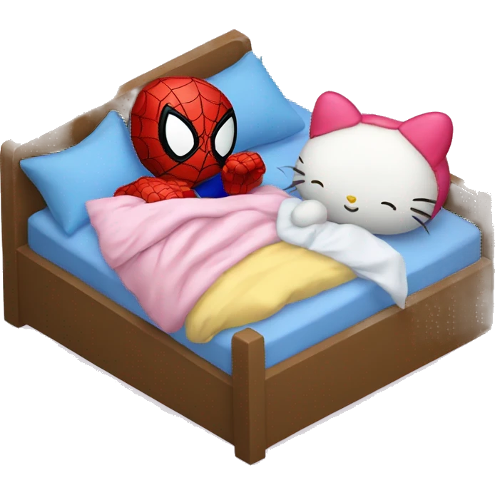 spiderman and hello kitty sleeping in bed together emoji