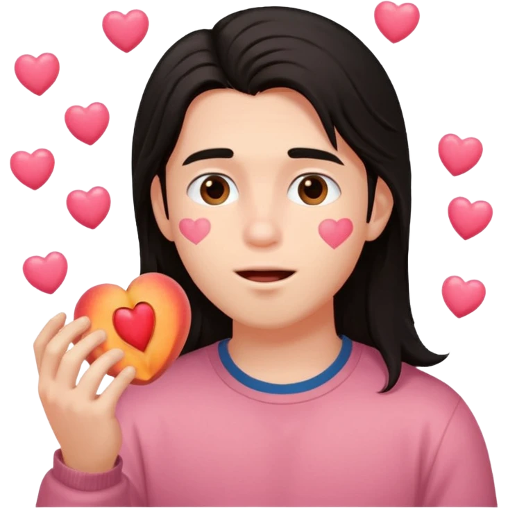 Cute boy, long dark hair, eating a peach, pink hearts floating  emoji