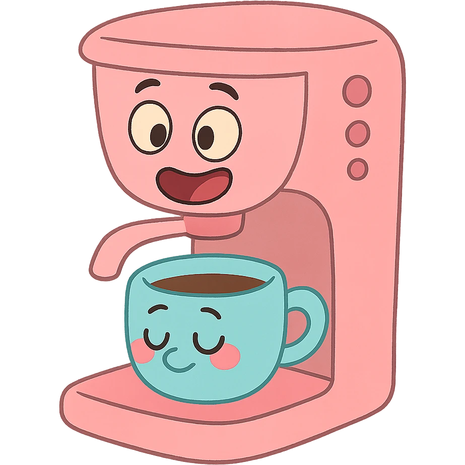 pastel pink coffee machine with a cup, calArts 2010s cartoon style, gentle shading emoji