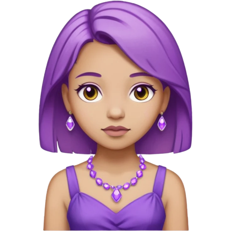 یک دختر با موی لایت بنفش قهوه‌ای با پیراهن بنفش با سنگ های یاسی که روی روی لباسش کار شده باشه میخوام emoji