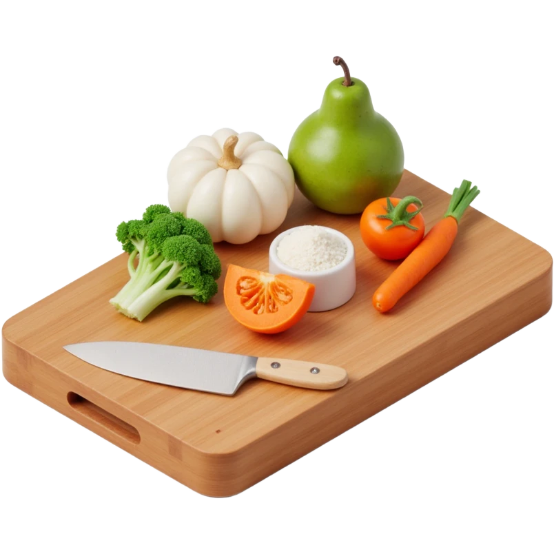 Ingredients on teh wooden cutting board with floating list  emoji