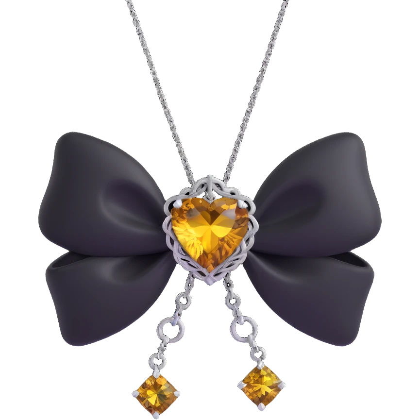 3D emoji gothic bow, black velvet, silver chain, deep citrine gemstone, ornate and dramatic emoji
