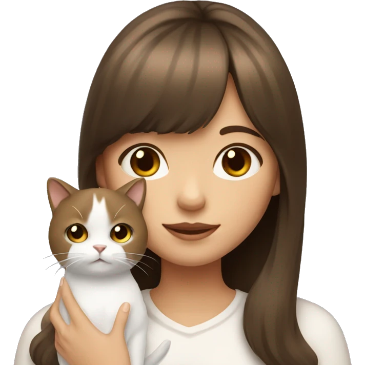 Brown haired girl with bangs holding a white cat  emoji