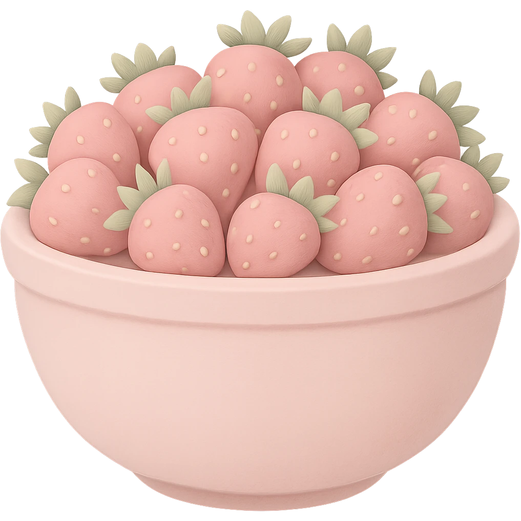 Make the colors of the large fancy pastel pink bowl of strawberries softer and less saturated, avoid high contrast, keep the style as emoji, with no background. The style should resemble emoji style with soft pastel colors and no background. emoji