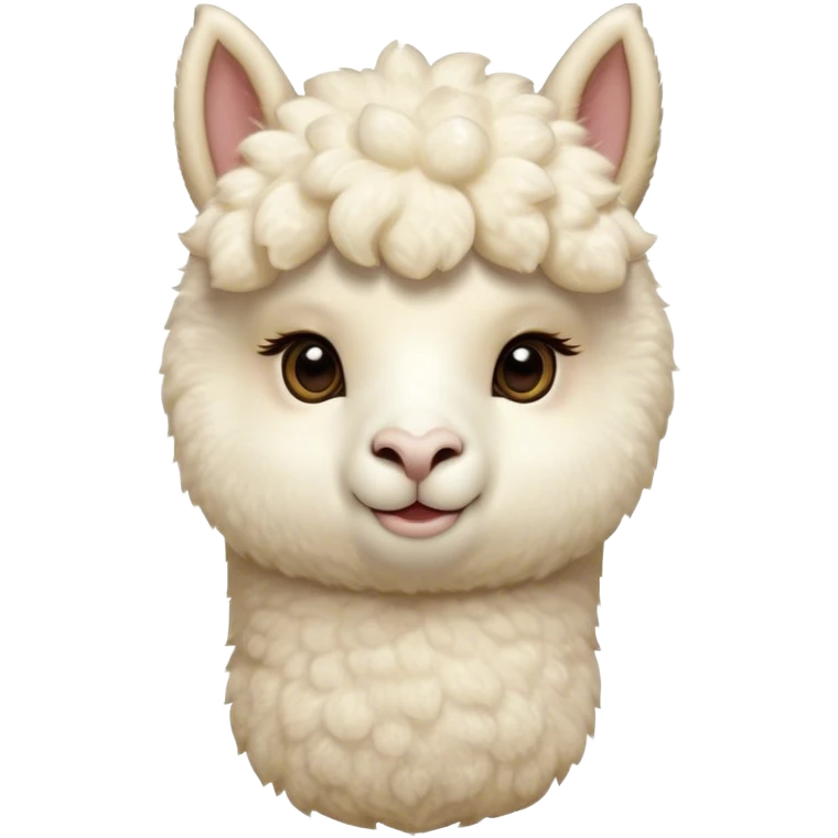 Cinematic Cute Cream Alpaca Portrait Emoji, Head tilted playfully and inquisitively, featuring a fluffy, cream fleece with a natural sheen, round, sparkling gentle eyes filled with curiosity, Simplified yet irresistibly adorable features, highly detailed, glowing with a warm, friendly glow, high shine, affectionate and gentle, stylized with a touch of whimsy, bright and endearing, soft glowing outline, capturing the essence of a mischievous yet loving alpaca, so playful it feels like it could prance out of the screen and into your arms! emoji