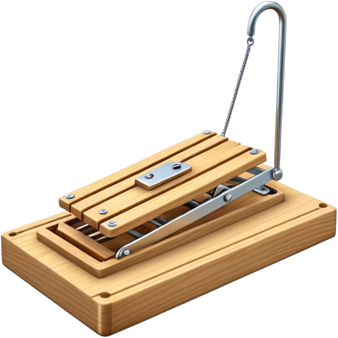 A 3D emoji in iOS emoji aesthetic style of a classic mousetrap without cheese, showing a wooden base and metal spring mechanism, clean minimal design, bright lighting, glossy Apple-style look, white background. emoji
