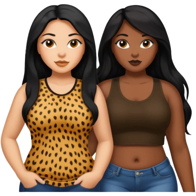 Tan Latina woman with long black hair chubby and black dark skinned woman with long blonde hair slim thick in cheetah top sexy emoji