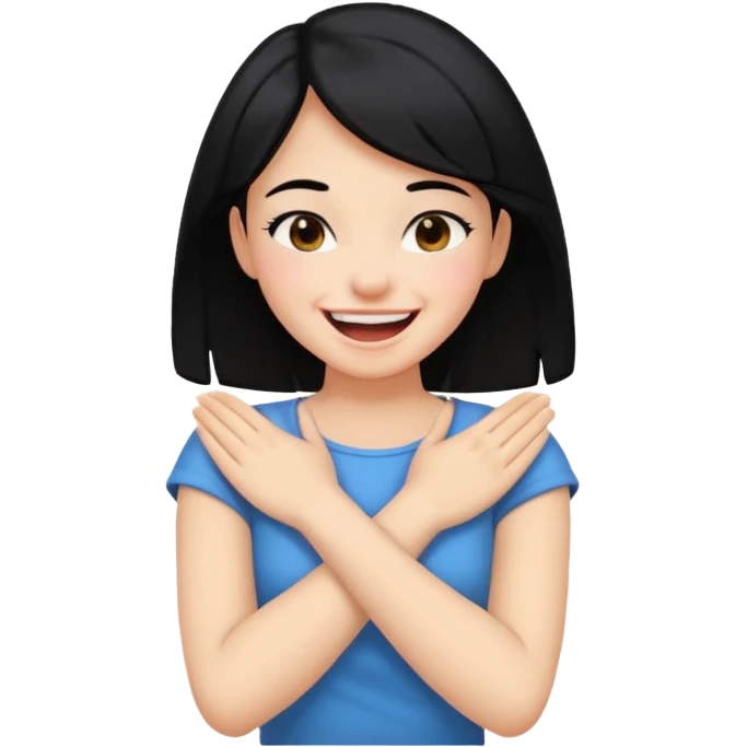 Girl with black hair arms crossed holding neck and laughing  emoji
