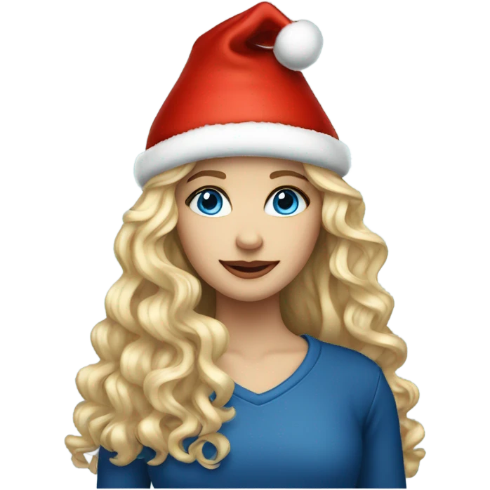 beautiful girl with long curly blonde hair and a Christmas hat and blue eyes emoji