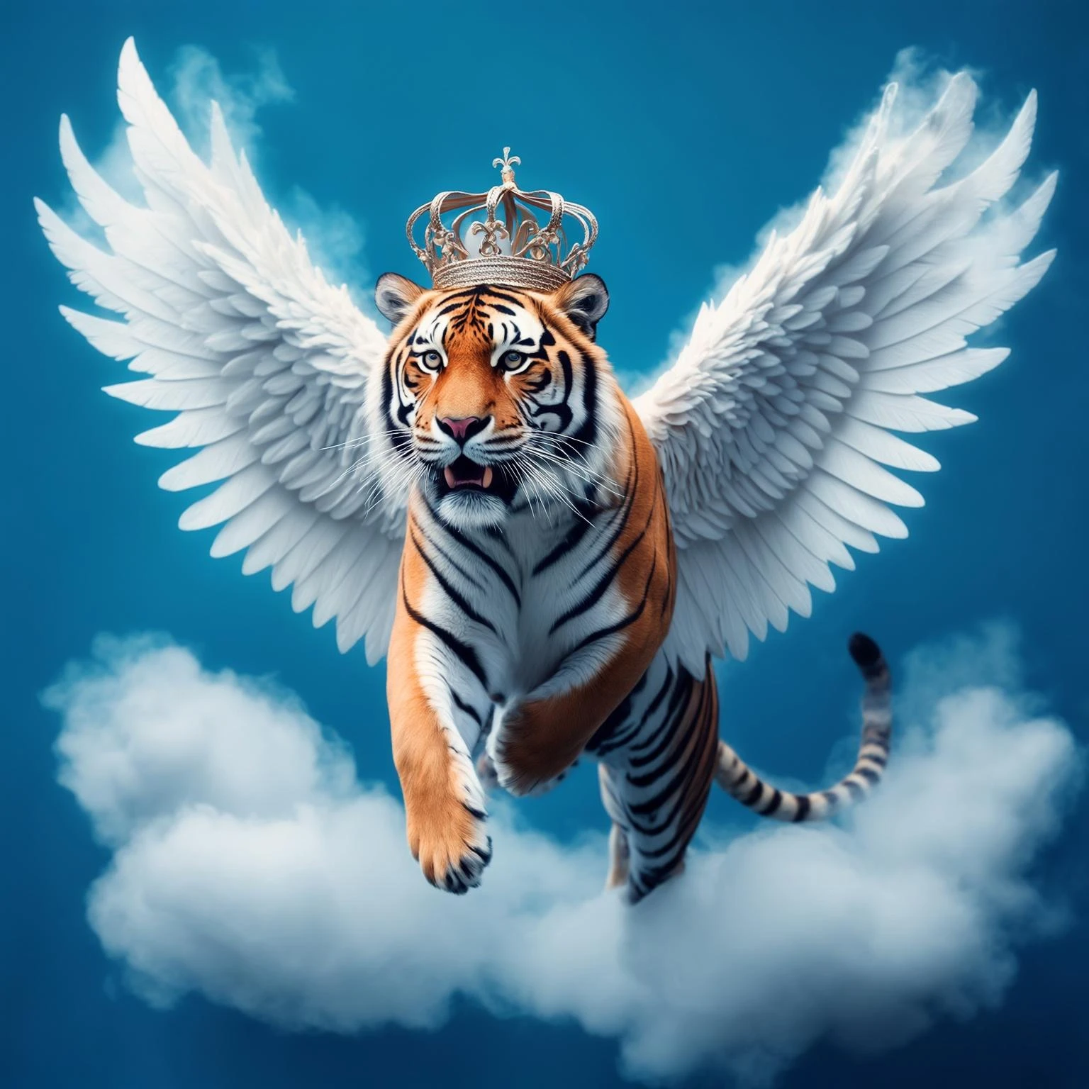 Tiger with wings and corwn flying around clouds, blue solid color, with cinematic blur emoji