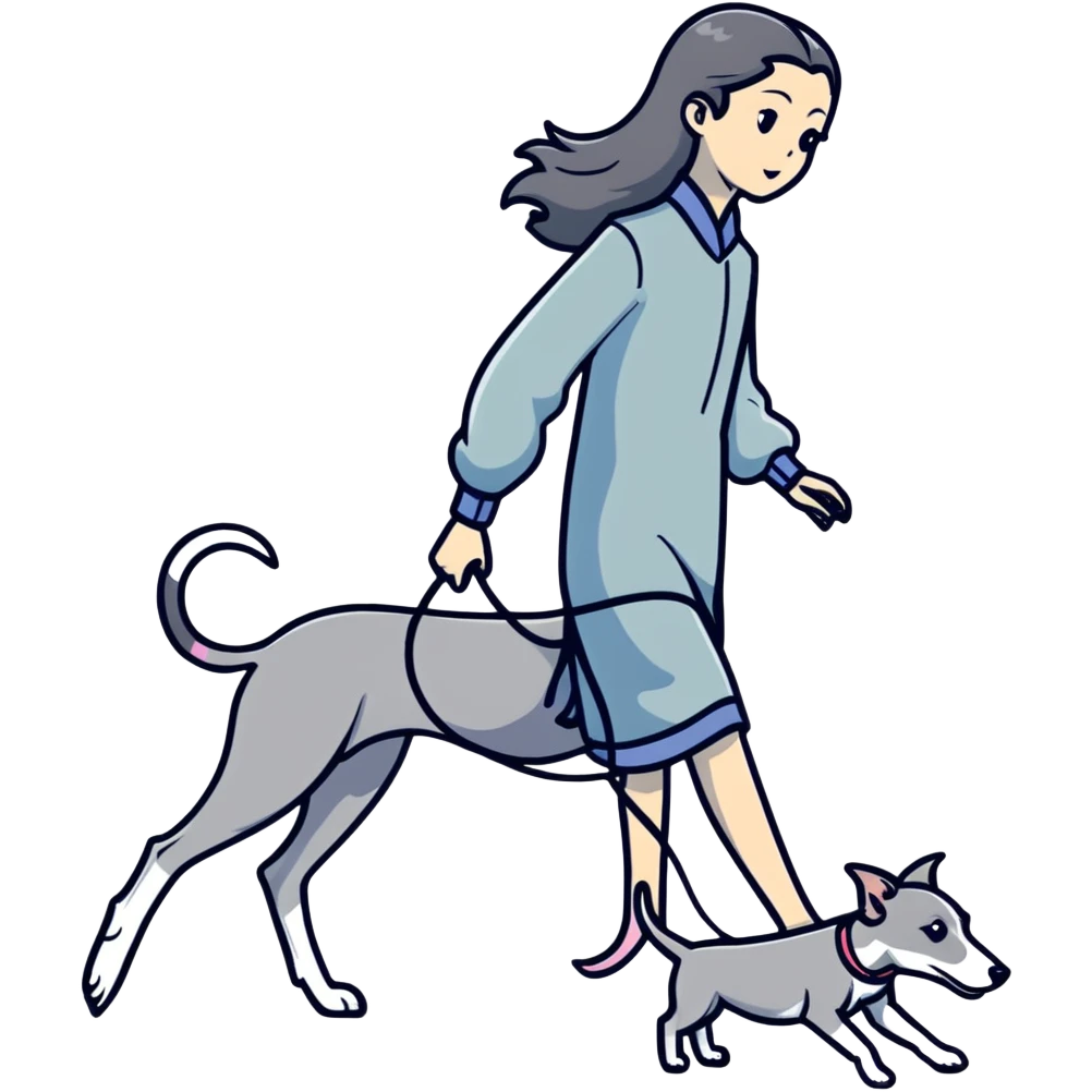 Japanese girl with flowing hair walking a solid grey greyhound with no white markings emoji