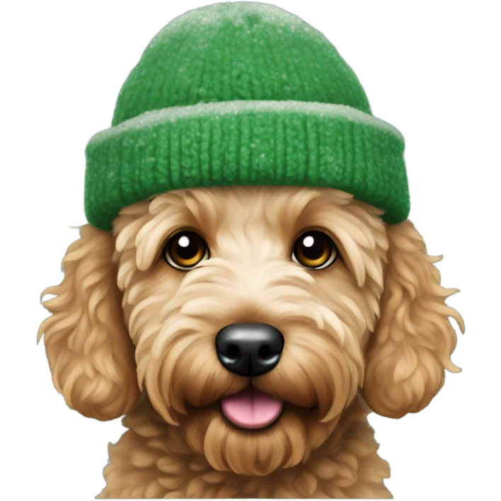 Mini goldendoodle in green winter hat  emoji