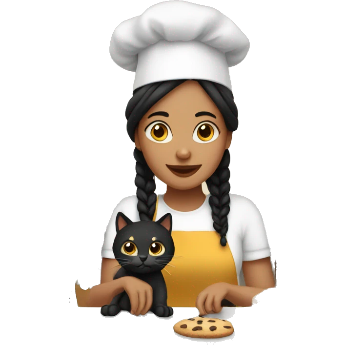 Woman wearing brow dark braids baking cookies with her dark cat  emoji