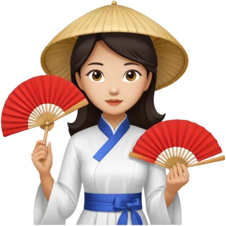 a vietnamese woman wearing a white ao dai holding a folding fan elegantly, wearing a nón lá emoji
