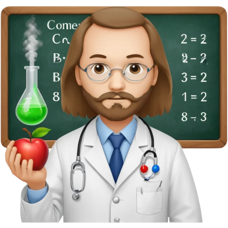 Mendeleev in a laboratory coat with a pointer at a board with chemical formulas, apple emoji style emoji