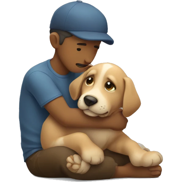 Puppy tightly hugs sitting man emotionly emoji