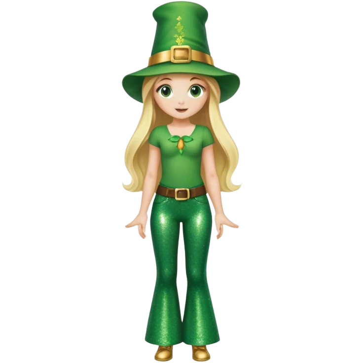 Blonde haired girl in glittery green bell bottoms and tall leprechaun hat emoji