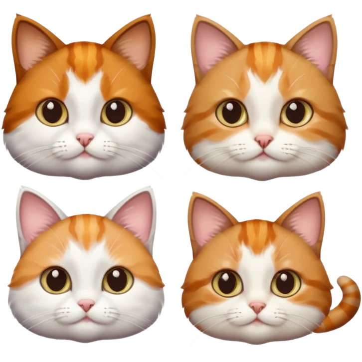 3 small cats different colours including brown tabby and white, light patchy calico, and ginger and white emoji