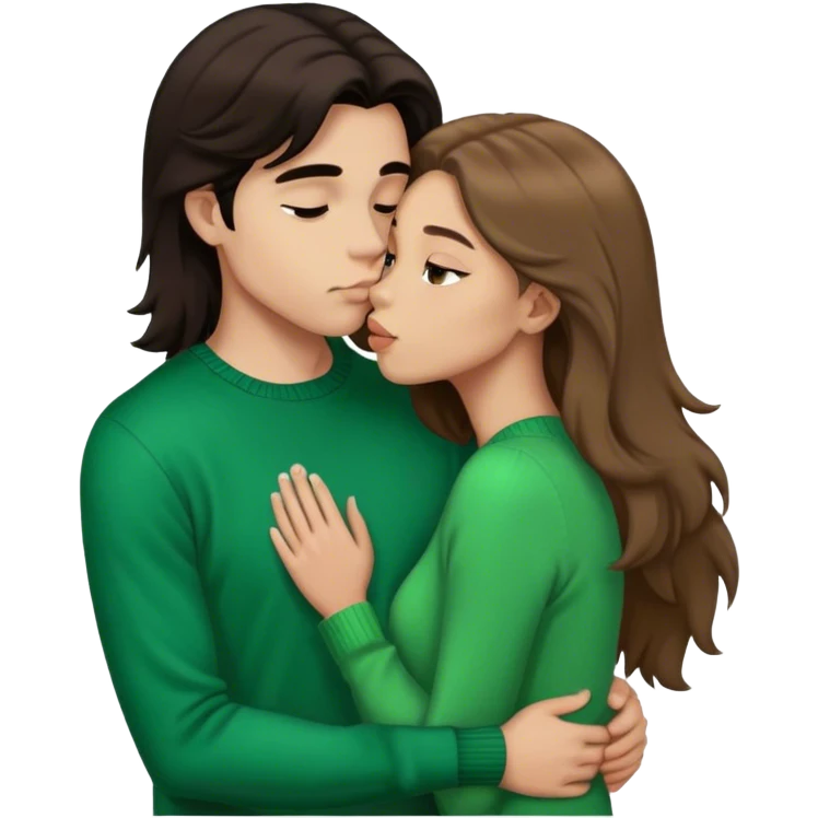 Young guy skin and with black slightly long hair kissing a young woman with brown hair and  green sweater with the emoji made s there is no part that is cut off emoji
