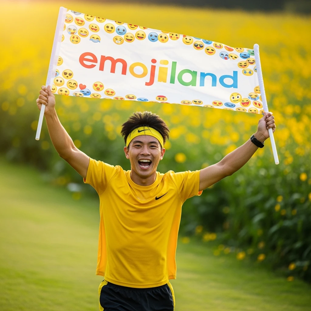 happy runner waving a flag that says 'emojiland' emoji