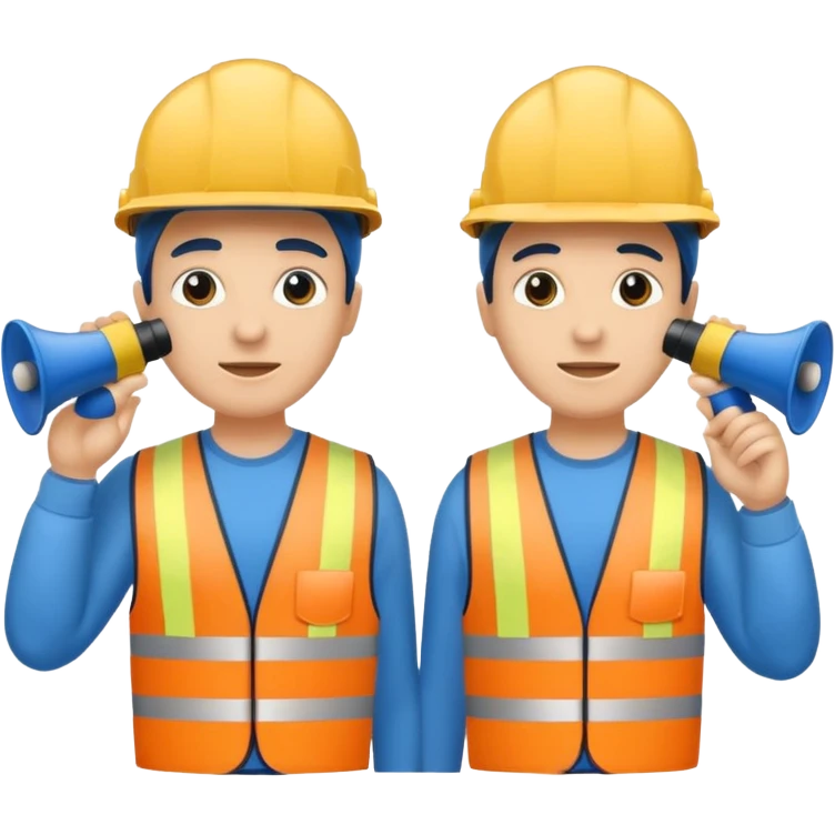 Duas pessoas com capacete de obras azul e um megafone na mão emoji