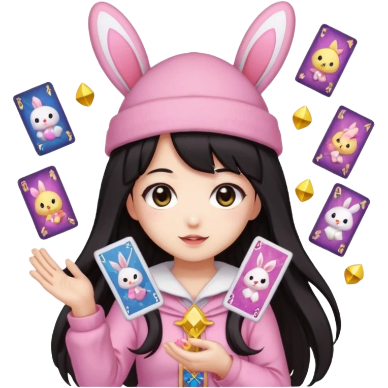 pixel art chibi gear asian girl with dark long hair in pink bunny ears hat magical girl with kawaii tarot cards thrown in air pixel emoji emoji