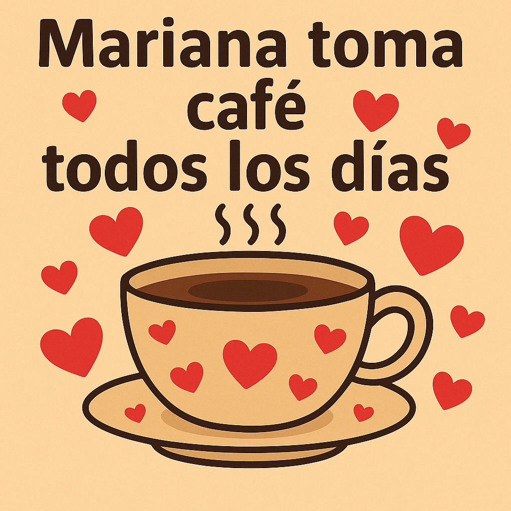 Add hearts around the large coffee cup, keep the phrase 'mariana toma café todos los días'. The original style is general style with background. emoji