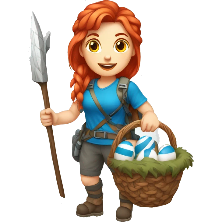 Female winter mountaineer red hair white skin climbing with Greek Flag and Easter eggs basket emoji