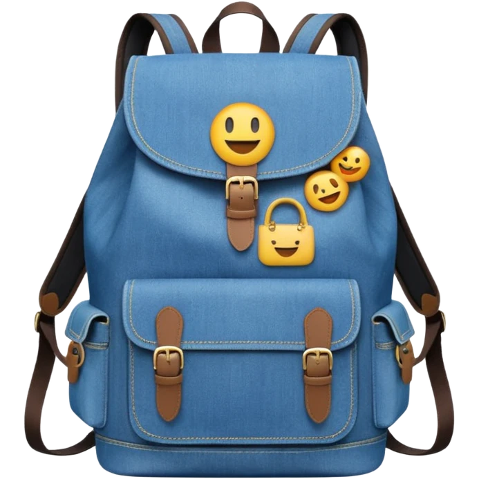 An emoji-style blue denim backpack with a flap top and one small buckle straps attached only on the flap, not connected to the front panel. No front pockets or vertical straps below the flap. Clean and minimal design with two side pockets. 



 emoji