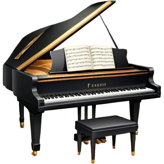 Icon for Musical Theater: a stage with a grand piano, musical notes, a spotlight, and theatrical curtains. The icon should represent the fusion of music and theater, with emphasis on performance and orchestration. Transparent background. emoji