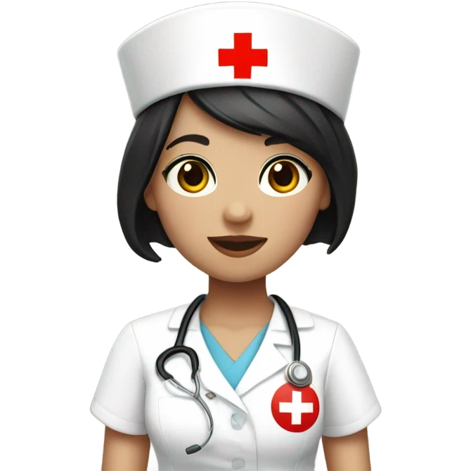 pixie cut black straight hair female nurse with red cross sign hat wearing dress
pale skin color emoji