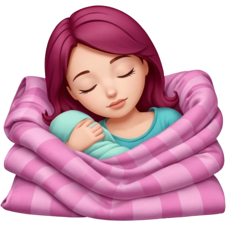Beautiful burgundy haired girl sleeping in pink blankets emoji