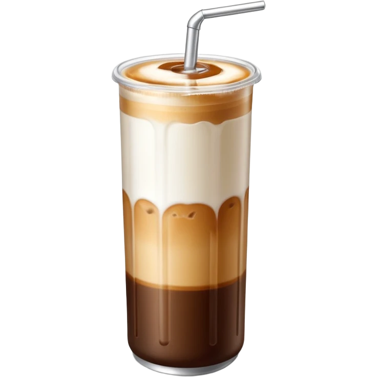 A tall transparent can of iced latte with a silver pull-tab lid. Brown coffee on top with ice, smooth white milk in the middle, and a light amber syrup layer at the bottom. “MAISON MOKA” written vertically in white on the can.

 emoji
