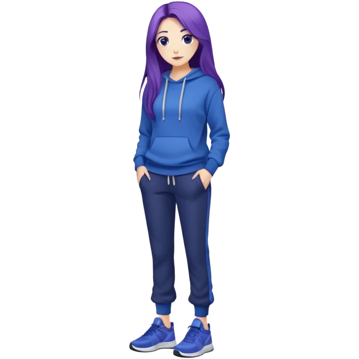 female with slim hourglass shaped body, purple long hair, wearing a blue sweater, dark blue sweatpants, and black sneakers, full body view emoji