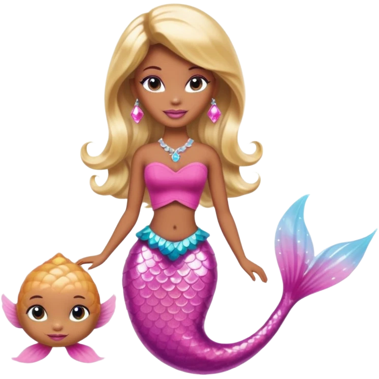 Brown skin blonde hair barbie mermaid with pink diamond tail  with pufferfish emoji