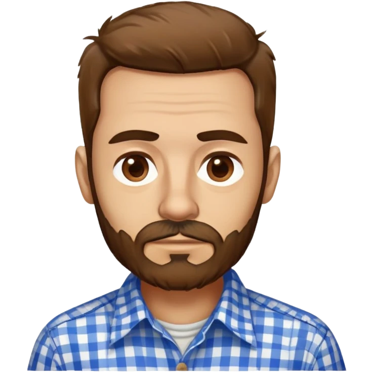 Skinny Puerto Rican man in his mid-50s with light skin. Thin face with defined features. Messy, disheveled brown hair. Untidy brown beard. Wearing a blue and white checkered button-up shirt that looks loose on his slim frame. emoji